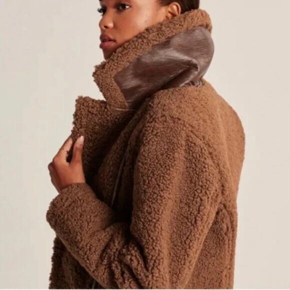 Abercrombie & Fitch Tan Sherpa Motorcycle Jacket Size S - Picture 4 of 15